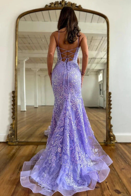 Elegant Mermaid Spaghetti Straps Sleeveless Sequin Lace Tulle Lavender Floor-Length Prom Dress