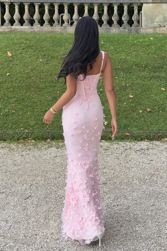 Elegant Mermaid Square Sleeveless Floral Applique Lace-Up Satin Blushing Pink Floor-Length Prom Dress