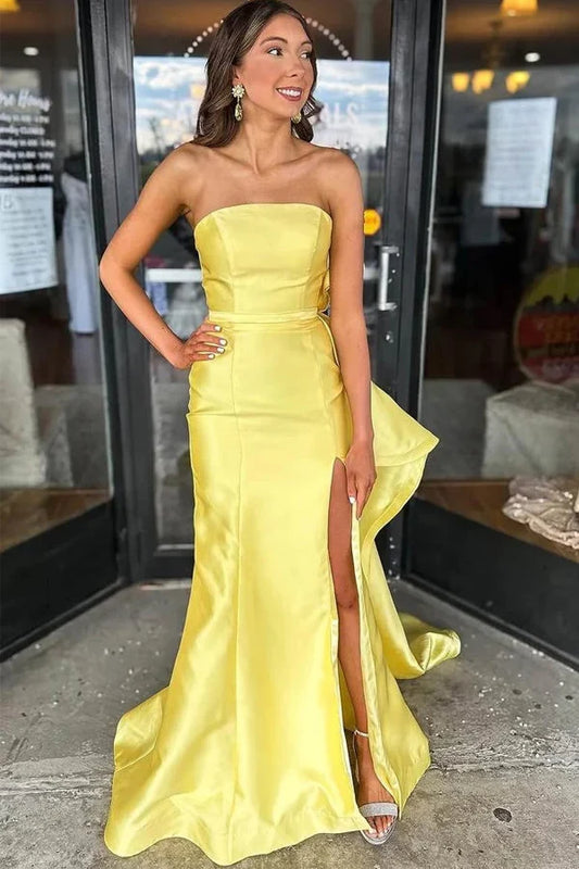 Elegant Mermaid Strapless Sleeveless Big Bow Satin Floor-Length Prom Dress with High Slit