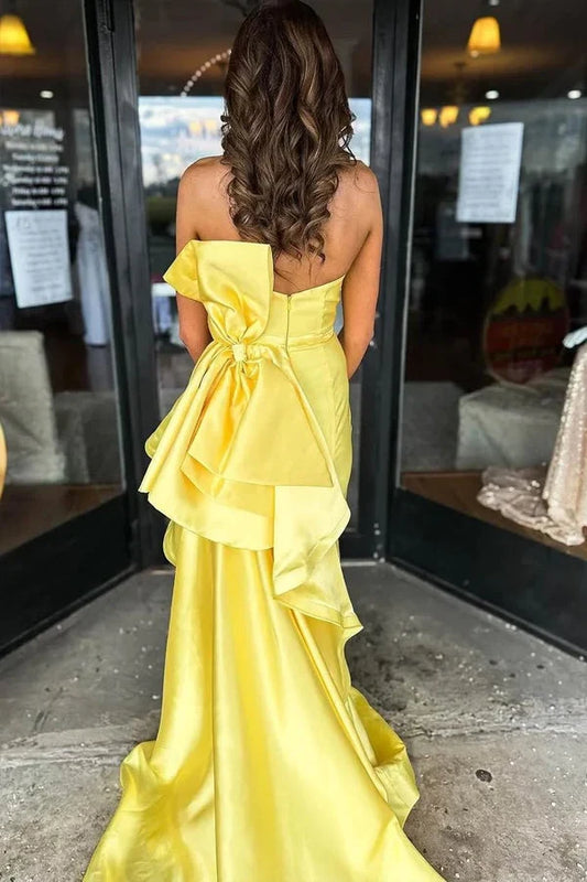 Elegant Mermaid Strapless Sleeveless Big Bow Satin Floor-Length Prom Dress with High Slit