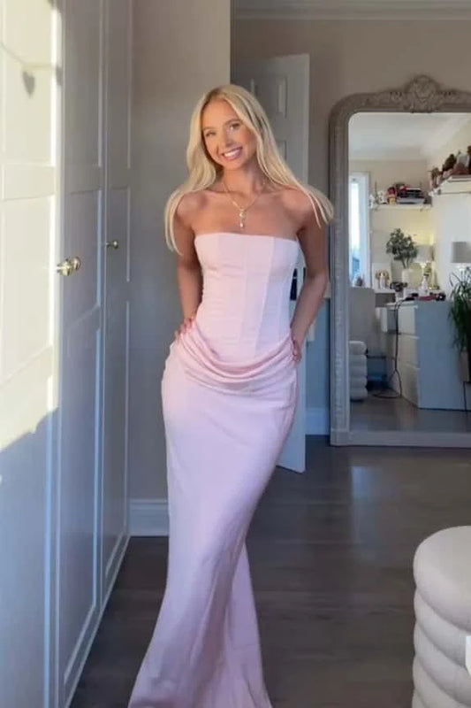 Elegant Mermaid Strapless Sleeveless Draped Satin Floor-Length Prom Dress