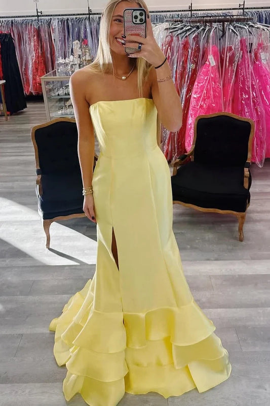 Elegant Mermaid Strapless Sleeveless Ruffled Tiered Yellow Satin Floor-Length Prom Dress With Slit