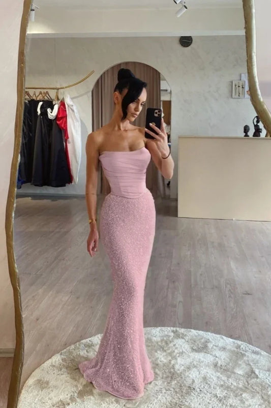 Elegant Mermaid Strapless Sleeveless Sequin Ruched Floor-Length Prom Dress