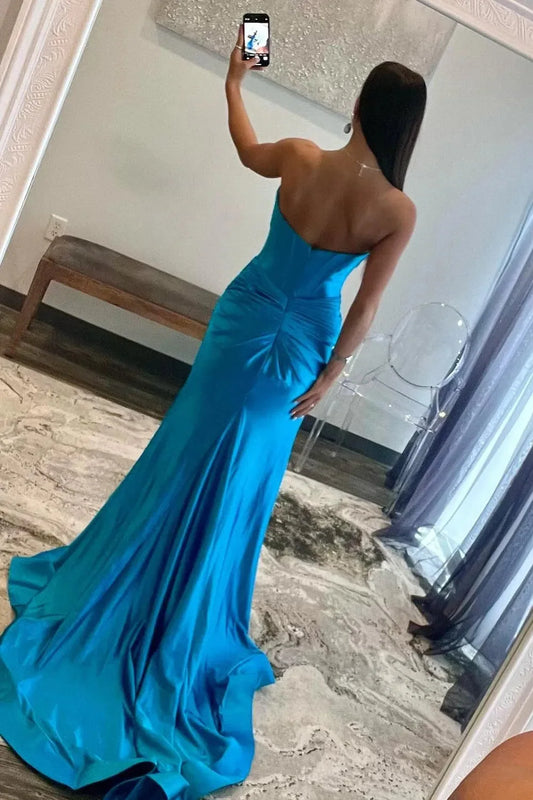 Elegant Mermaid Strapless Sleeveless Twisted Bodice High Slit Satin Ocean Blue Floor-Length Prom Dress