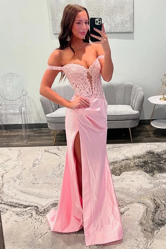 Elegant Mermaid Sweetheart Off-the-Shoulder Sleeveless Lace Applique Slit Satin Floor-Length Prom Dress