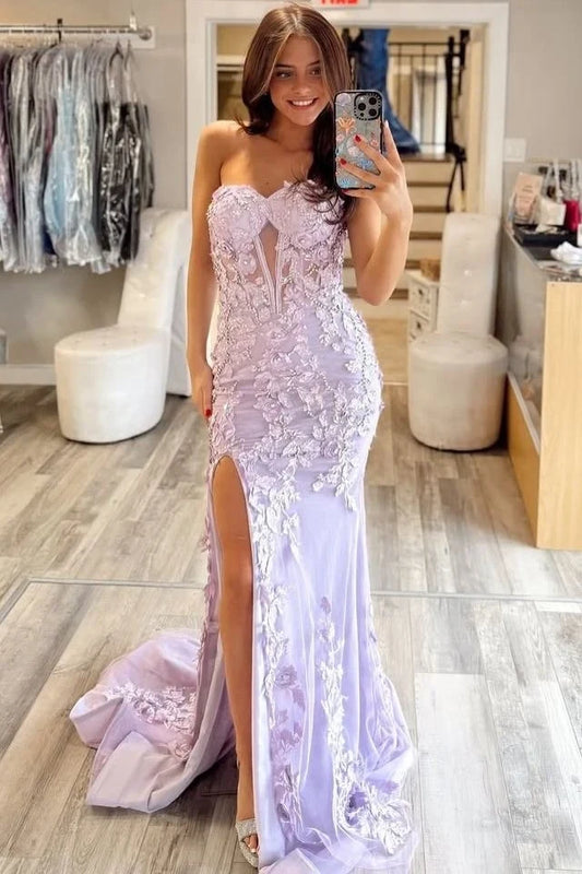 Elegant Mermaid Sweetheart Sleeveless Applique Slit Tulle Long Prom Dress