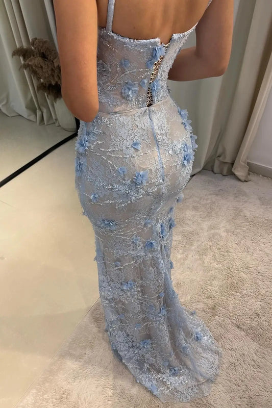 Elegant Mermaid Sweetheart Sleeveless Appliqued Sequin Lace Tulle Sky Blue Floor-Length Prom Dress