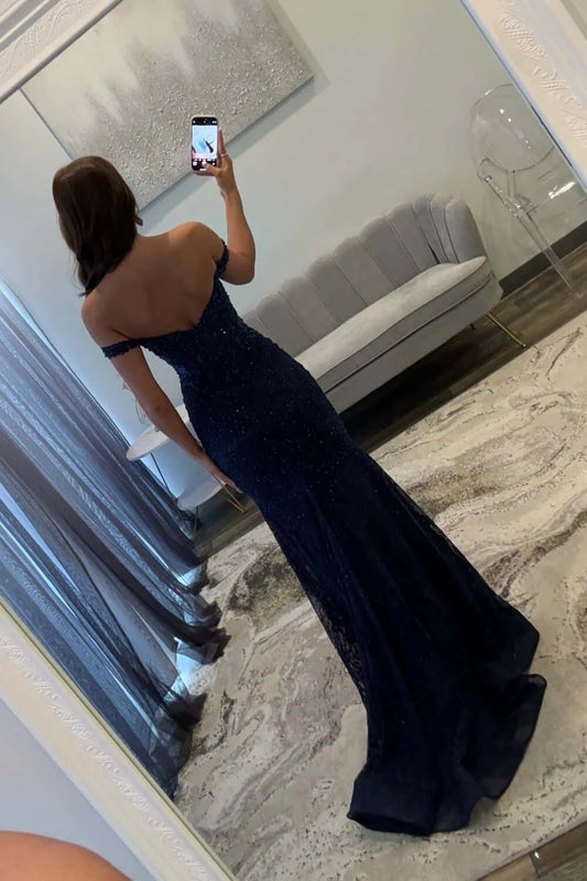 Elegant Mermaid Sweetheart Sleeveless Beaded Sequin Navy Blue Floor-Length Prom Dress