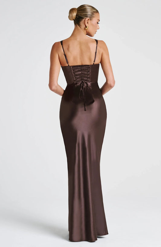 Elegant Mermaid Sweetheart Sleeveless Corset Back Satin Chocolate Floor-Length Prom Dress