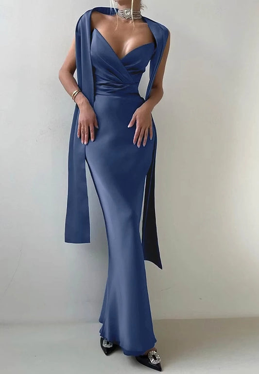 Elegant Mermaid Sweetheart Sleeveless Draped Bodice Satin Ink Blue Floor-Length Prom Dress
