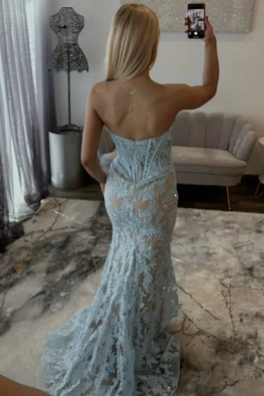 Elegant Mermaid Sweetheart Sleeveless Lace Corset Lace Sky Blue Floor-Length Prom Dress