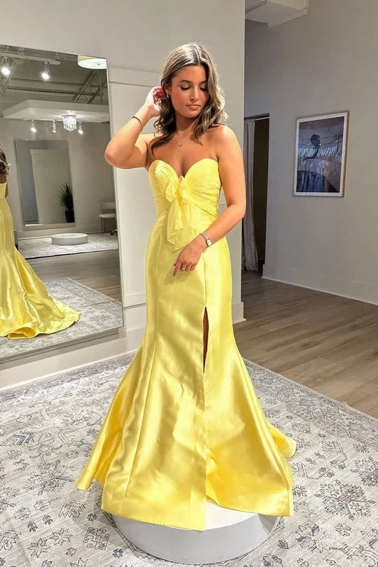 Elegant Mermaid Sweetheart Sleeveless Ruched Bow Slit Satin Prom Dress