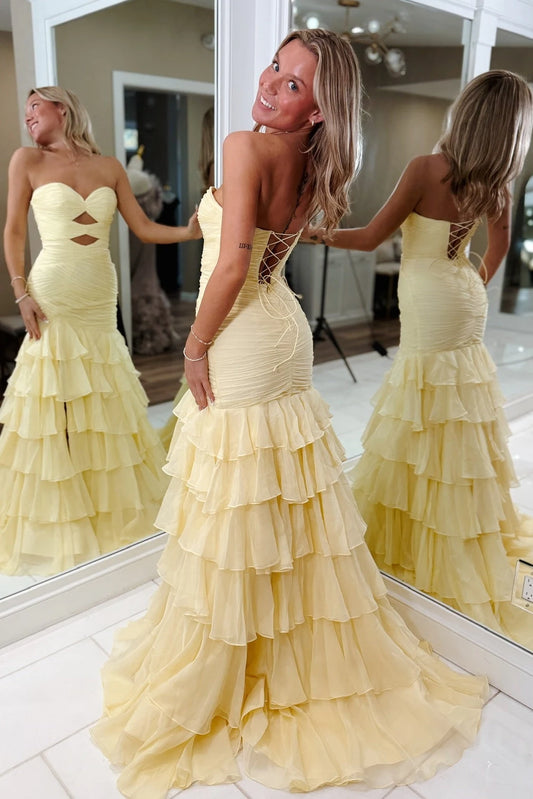 Elegant Mermaid Sweetheart Sleeveless Ruffled Tiered Cutout Chiffon Lemon Floor-Length Prom Dress