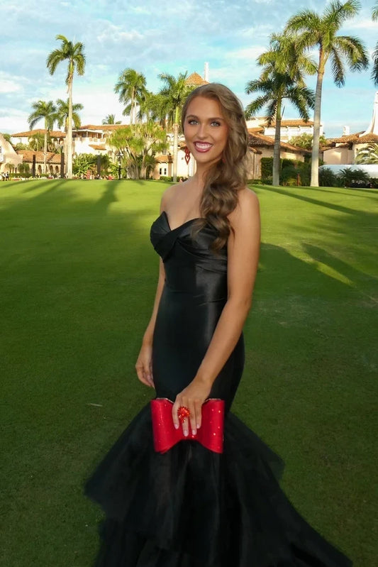 Elegant Mermaid Sweetheart Sleeveless Ruffled Tulle Satin Black Floor-Length Prom Dress