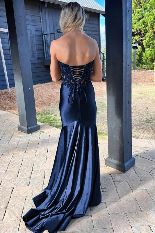 Elegant Mermaid Sweetheart Sleeveless Slit Satin Floor-Length Prom Dress with Appliques