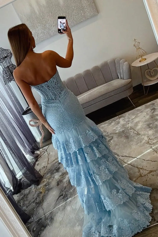Elegant Mermaid Sweetheart Sleeveless Tiered Ruffle Slit Lace Tulle Sky Blue Floor-Length Prom Dress