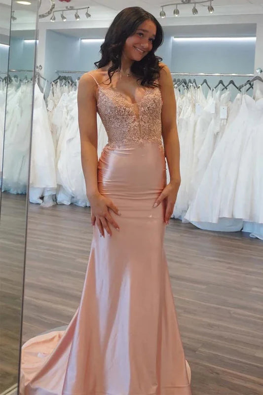 Elegant Mermaid V-Neck Sleeveless Appliqued Bodice Satin Blushing Pink Long Prom Dress