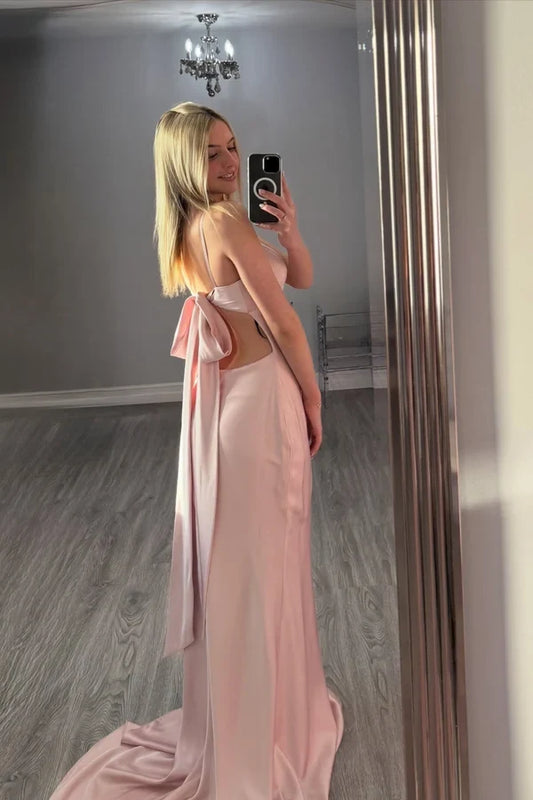 Elegant Mermaid V-Neck Sleeveless Back Tie Satin Blushing Pink Floor-Length Evening Dress