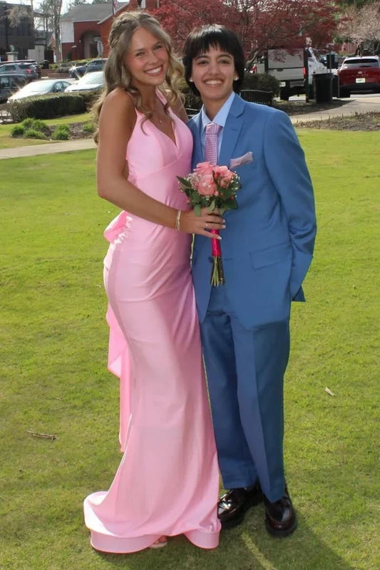 Elegant Mermaid V-Neck Sleeveless Backless Bow Ruffle Long Prom Dress