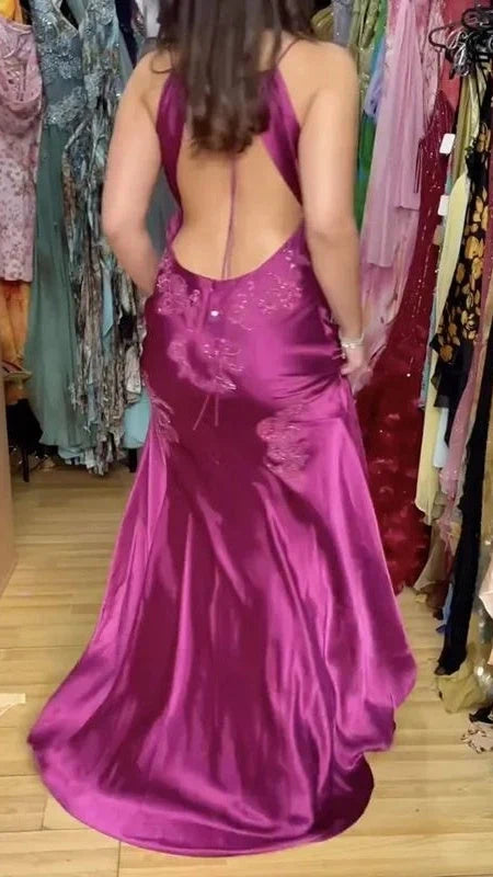 Elegant Mermaid V-Neck Sleeveless Backless Satin Floor-Length Prom Dress with Appliques