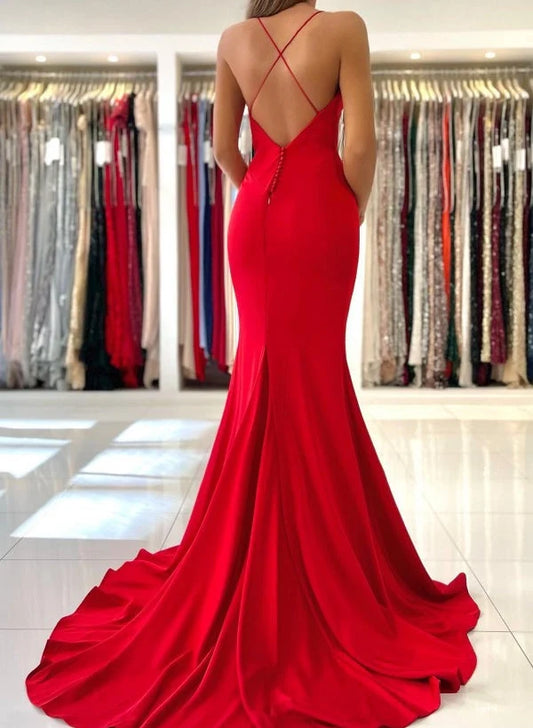 Elegant Mermaid V-Neck Sleeveless Criss-Cross Back Satin Red Floor-Length Prom Dress