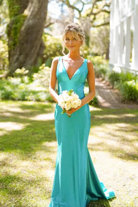Elegant Mermaid V-Neck Sleeveless Draped Back Satin Turquoise Floor-Length Prom Dress