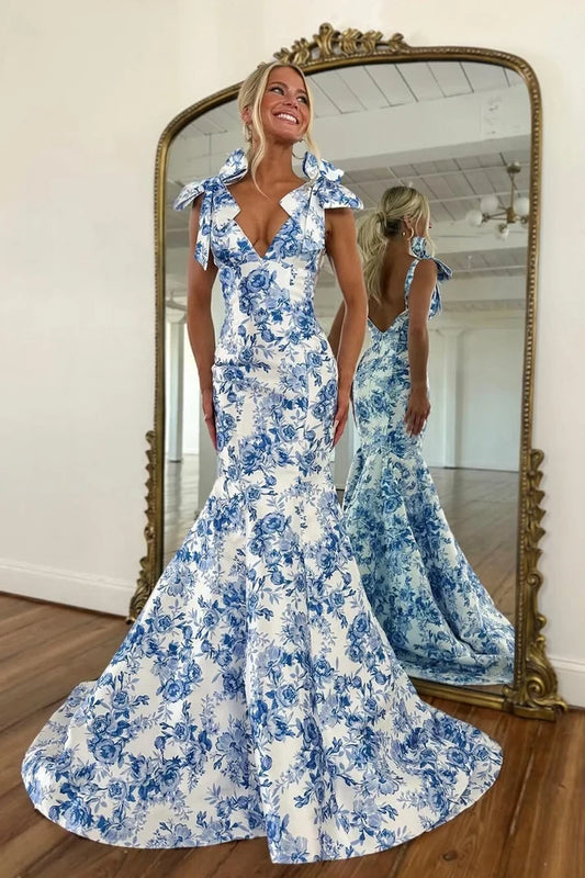 Elegant Mermaid V-Neck Sleeveless Floral Print Bow-Tie Satin White Blue Floor-Length Prom Dress