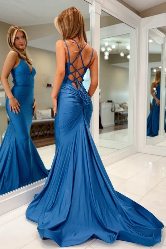 Elegant Mermaid V-Neck Sleeveless Lace-Up Back Satin Blue Floor-Length Evening Dress