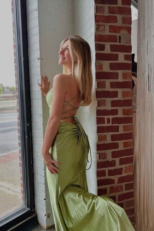 Elegant Mermaid V-Neck Sleeveless Lace-Up Back Slit Satin Long Prom Dress