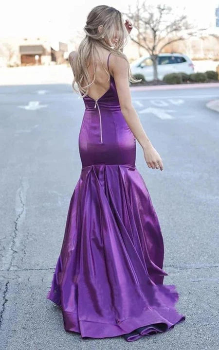 Elegant Mermaid V-Neck Sleeveless Pleated Satin Regency Floor-Length Prom Dress