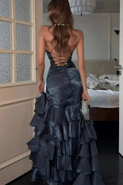 Elegant Mermaid V-Neck Sleeveless Ruffled Slit Floor-Length Prom Dress