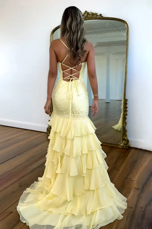 Elegant Mermaid V-Neck Sleeveless Ruffled Slit Lace Chiffon Daffodil Floor-Length Prom Dress