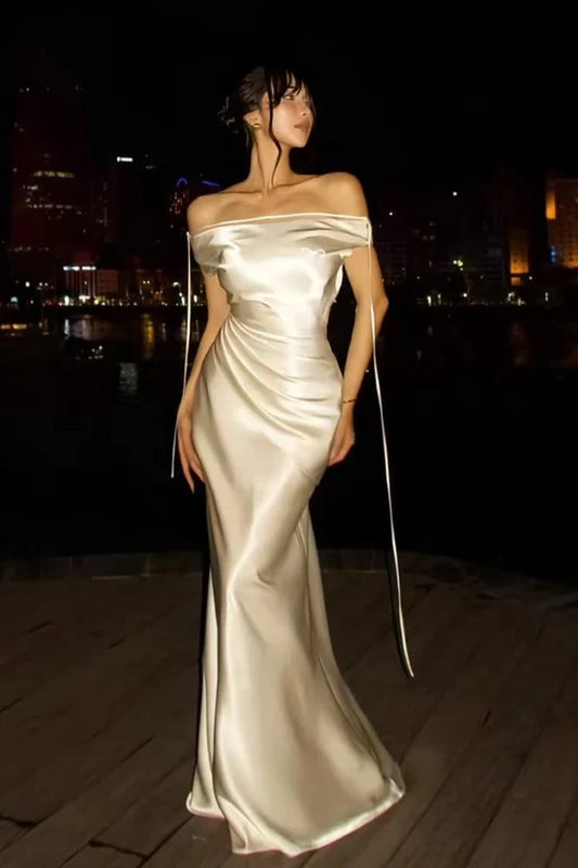 Elegant Off-the-Shoulder Mermaid Draped Satin Floor-Length Party Dress
