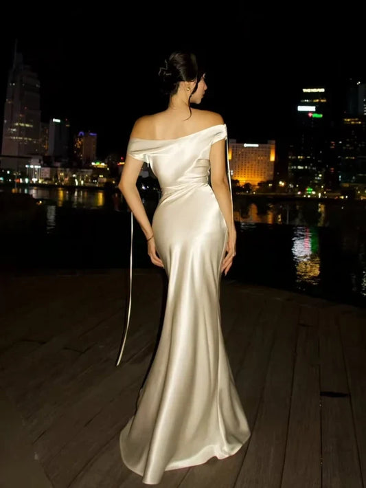 Elegant Off-the-Shoulder Mermaid Draped Satin Floor-Length Party Dress