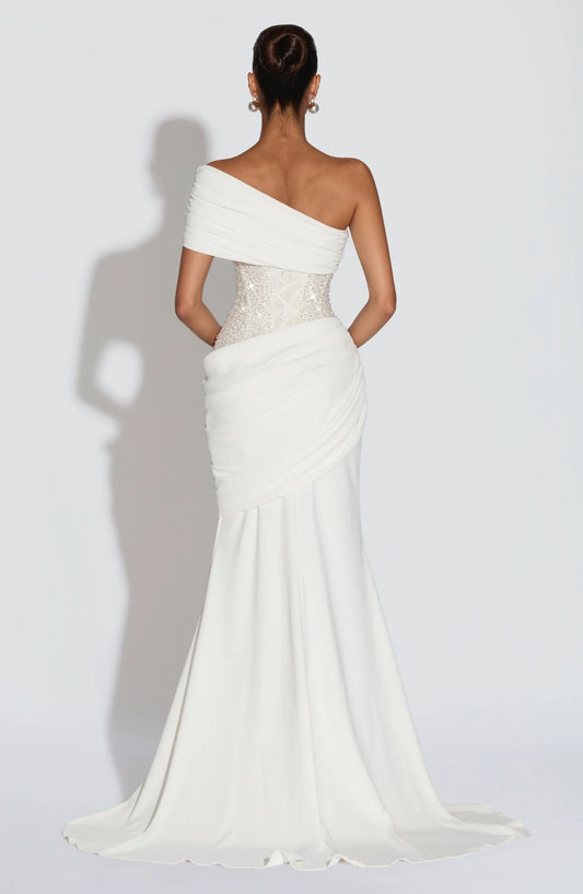 Elegant One-Shoulder Draped Sequin Bodice Ivory Floor-Length Mermaid Prom Dress