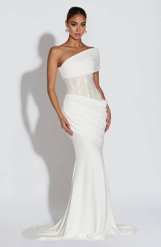 Elegant One-Shoulder Draped Sequin Bodice Ivory Floor-Length Mermaid Prom Dress
