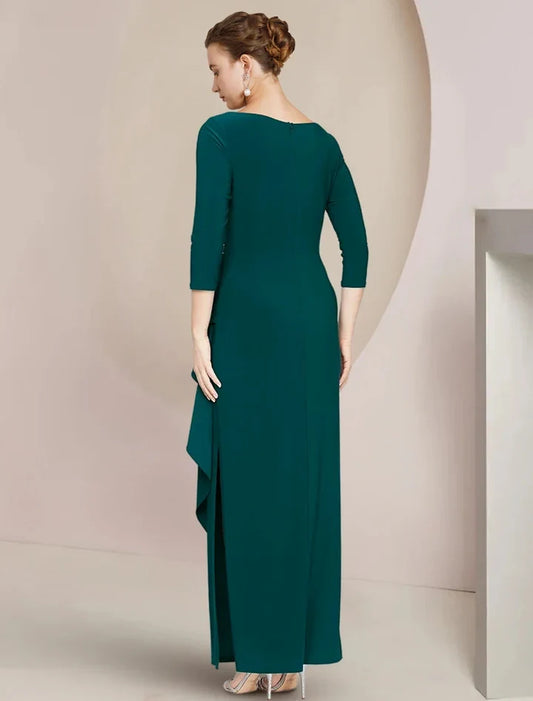 Elegant Sheath 3/4 Sleeve Beaded Overlay Slit Dark Green Floor-Length Mother of the Bride Dress