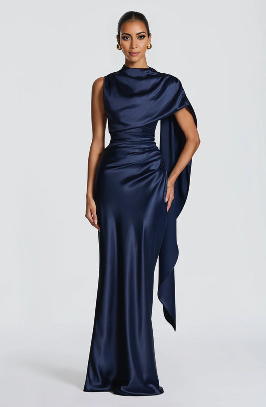 Elegant Sheath Cowl Neck One Sleeve Draped Satin Navy Blue Floor-Length Prom Dress