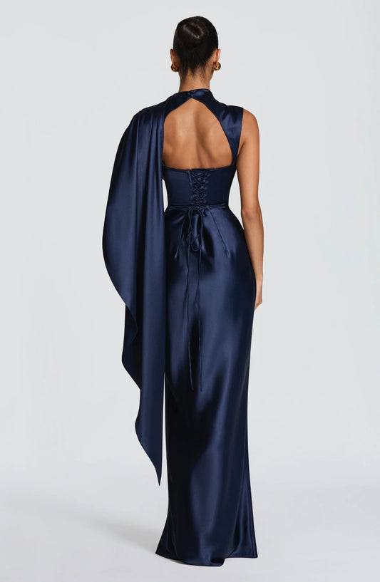 Elegant Sheath Cowl Neck One Sleeve Draped Satin Navy Blue Floor-Length Prom Dress