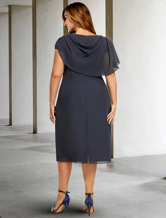 Elegant Sheath Cowl Neck Short Sleeve Draped Beaded Chiffon Knee-Length Mother of the Bride Dress