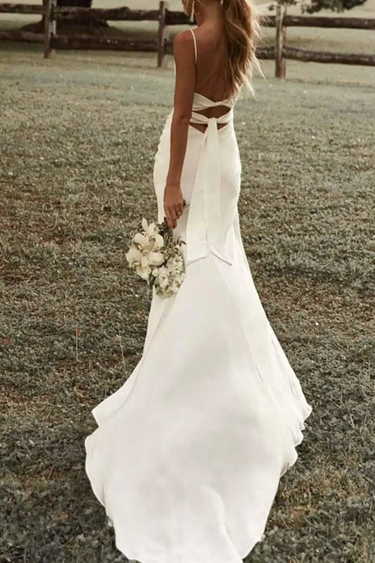 Elegant Sheath Cowl Neck Sleeveless High Slit Backless Satin White Floor-Length Prom Dress