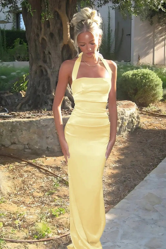 Elegant Sheath Halter Sleeveless Backless Satin Daffodil Floor-Length Prom Dress