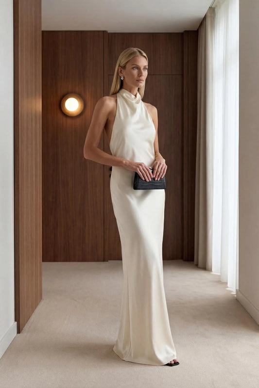 Elegant Sheath Halter Sleeveless Backless Satin Ivory Floor-Length Evening Gown