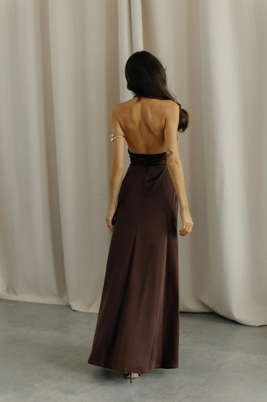 Elegant Sheath Halter Sleeveless Cowl Neck Slit Satin Chocolate Floor-Length Evening Dress