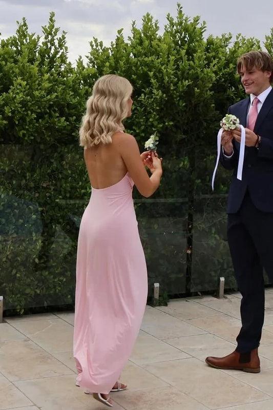 Elegant Sheath Halter Sleeveless Draped Blushing Pink Floor-Length Prom Dress with Slit