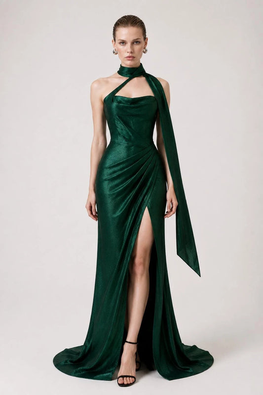 Elegant Sheath Halter Sleeveless Draped Shimmering Emerald Green Floor-Length Prom Dress