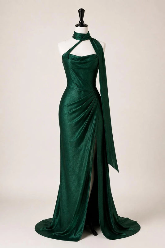 Elegant Sheath Halter Sleeveless Draped Shimmering Emerald Green Floor-Length Prom Dress