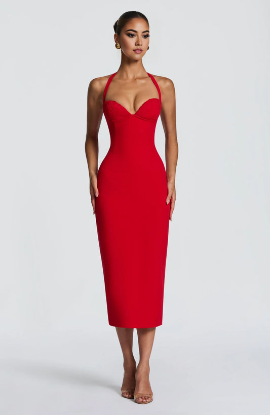 Elegant Sheath Halter Sleeveless Lace Bust Corset Back Red Tea-Length Party Dress