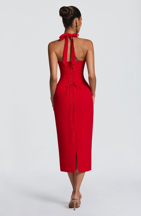Elegant Sheath Halter Sleeveless Lace Bust Corset Back Red Tea-Length Party Dress