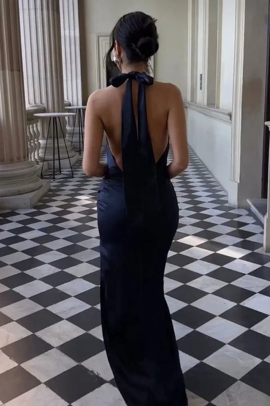Elegant Sheath Halter Sleeveless Open Back Ruched Satin Navy Blue Floor-Length Evening Dress